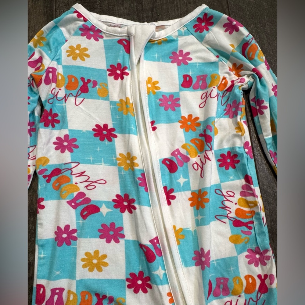 Bamboo Sleeper Floral “Daddy’s girl” print, Blue and White Check 12-18m - Picture 2 of 3